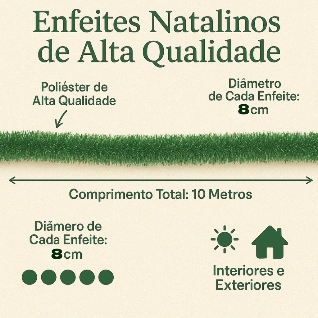 Kit 10 Peças Festão Verde Enfeite De Natal 2m Decoração Festa Promoção 8CM - Envio Imediato
