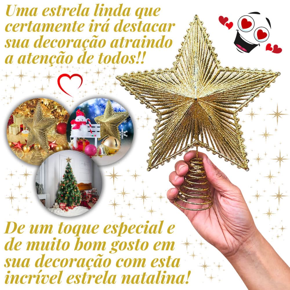 Estrela 24cm Brilhante Aramada Com Glitter Para Árvore De Natal Metalizado