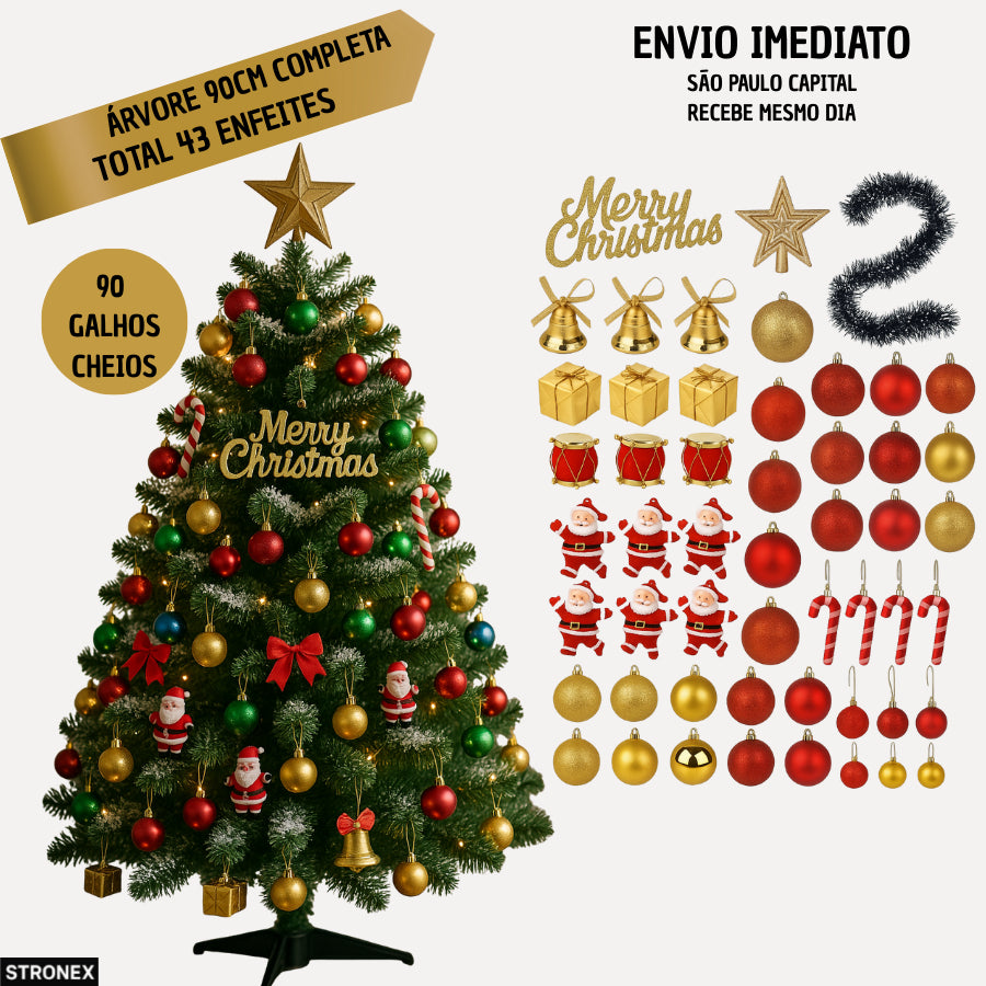 ARVORE DE NATAL 90CM 90 GALHOS 43ENFEITES ARVORE DE NATAL PEQUENA VERDE COM ITENS COMPLETOS ENFEITES