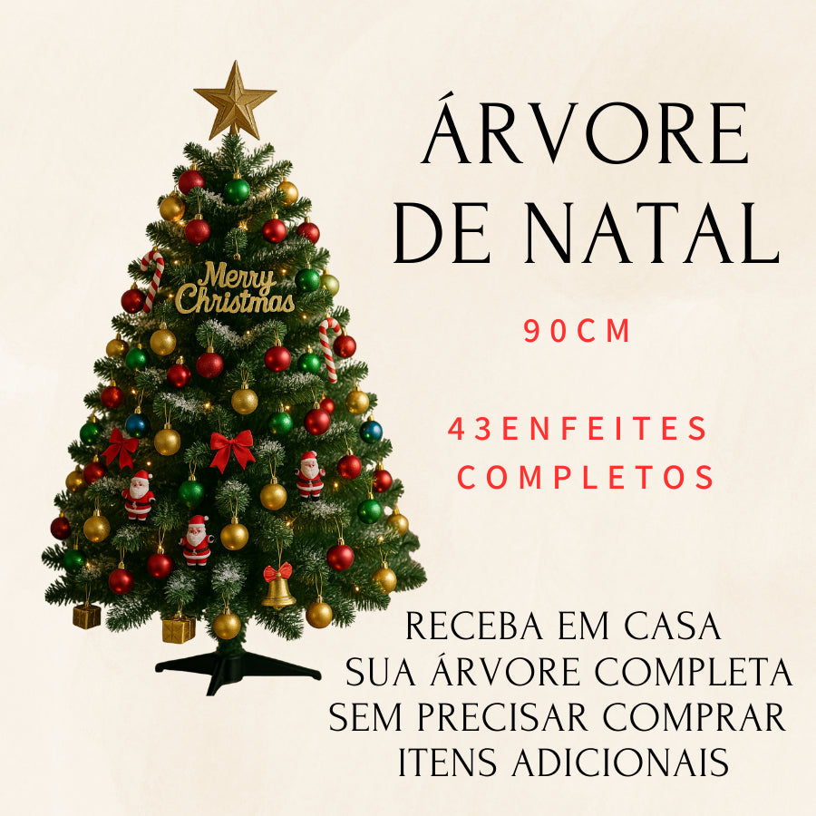 ARVORE DE NATAL 90CM 90 GALHOS 43ENFEITES ARVORE DE NATAL PEQUENA VERDE COM ITENS COMPLETOS ENFEITES